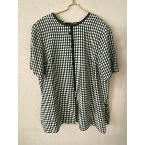 Women’s Sz 24W Pull Over Blouse Short Sleeve Green And White Checkered Zip Back